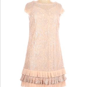 Cap Sleeve Pink/Silver Lace Dress with pleated hem